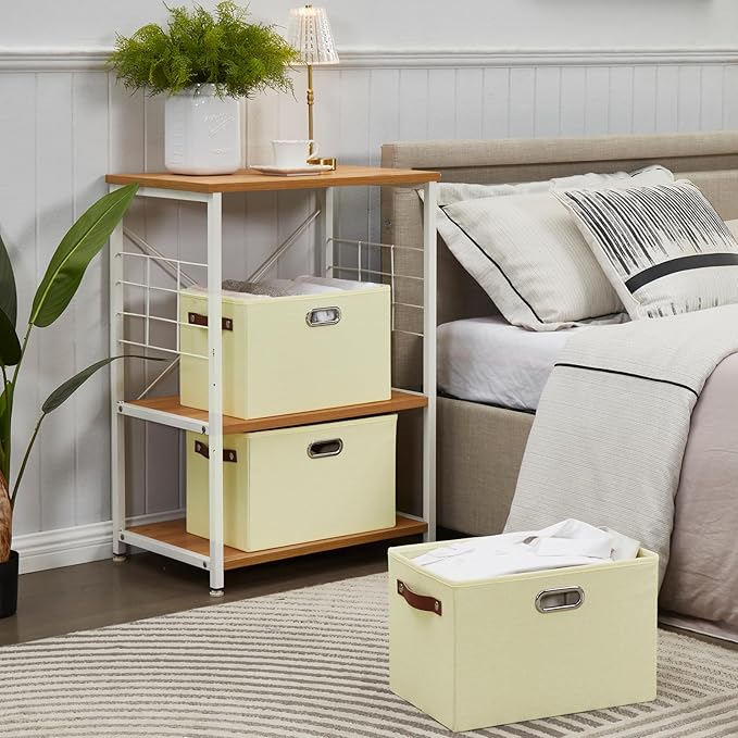 Large 3-Pack Foldable Fabric Storage Bins with Durable PU & Metal Handles , Collapsible Storage Baskets for Shelves, Home Storage, Closet Organizers, Living Room(14.9"x9.8"x9.8", Beige)