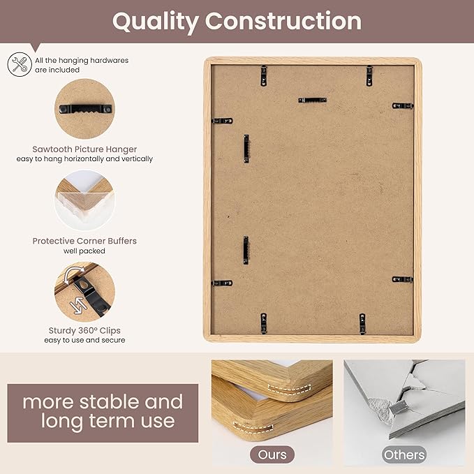 12x16 Picture Frame - Solid Oak Wood 12x16 Poster Frame, 12''x16'' Picture Frame With Mat For 8.5x11, Tempered Glass and Hanging Hardware Included, 16 By 12 Frame Wood, Natural Oak