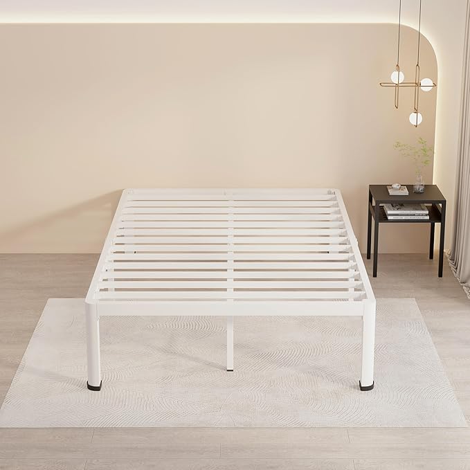 MAF 14 Inch Full Size Metal Platform Bed Frame White with Round Corner Legs, 3000 LBS Heavy Duty Steel Slats Support, Noise Free, No Box Spring Needed, Easy Assembly