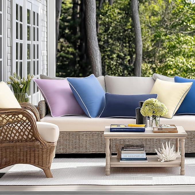 Phantoscope Pack of 2 Outdoor Waterproof Throw Pillow Covers with Contrast Piping, Decorative Square Cushion Case Patio Pillows for Couch Tent Sunbrella, Butter Yellow 18x18 inches