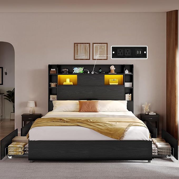YITAHOME Queen Size Bed Frame with Bookcase Headboard and 4 Storage Drawers, RGB LED Bed Frame with Type-C & USB Charging Station Storage Headboard Bed, No Box Spring Needed, Noise Free, Black