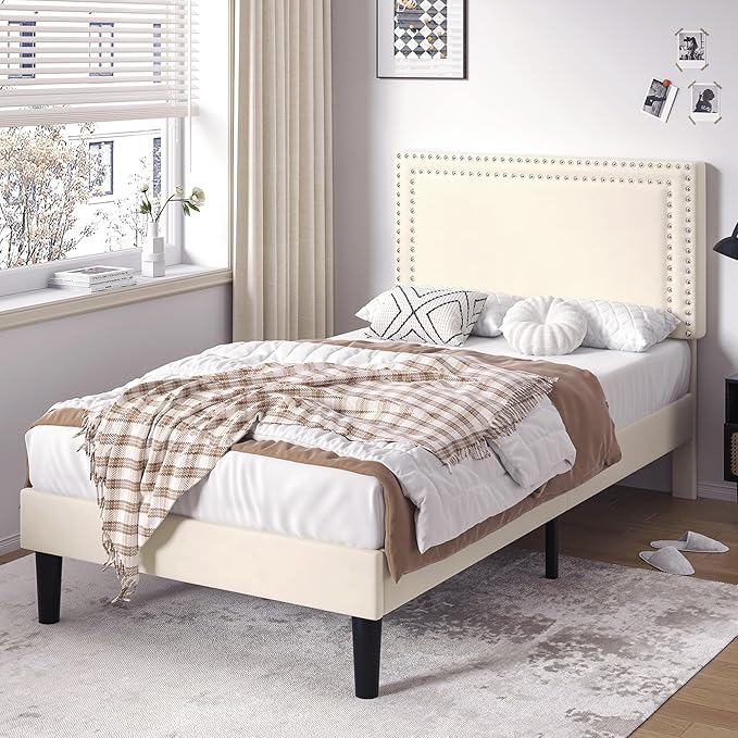 VECELO Twin Size Platform Bed Frame with Adjustable Upholstered Headboard, Strong Wood Slats Support, No Box Spring Needed, Easy Assembly