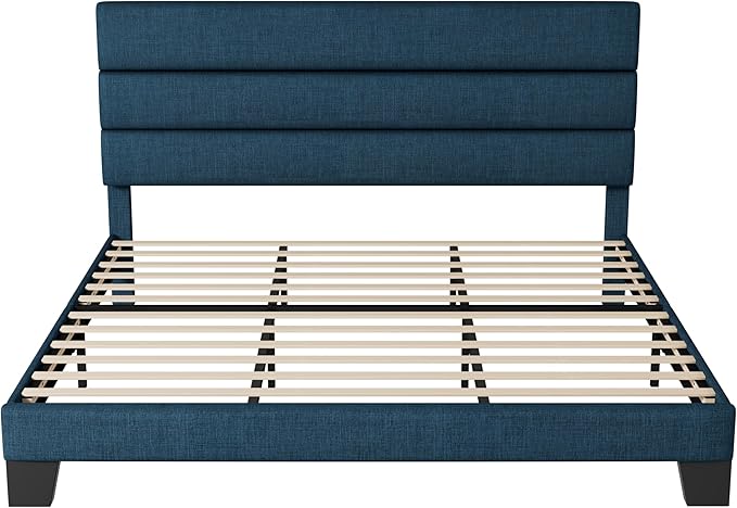 WEEWAY King Bed Frame Platform Bed with Linen Fabric Upholstered Headboard and Wooden Slats Support, Heavy Duty Mattress Foundation, No Box Spring Needed, Easy Assembly, Navy Blue