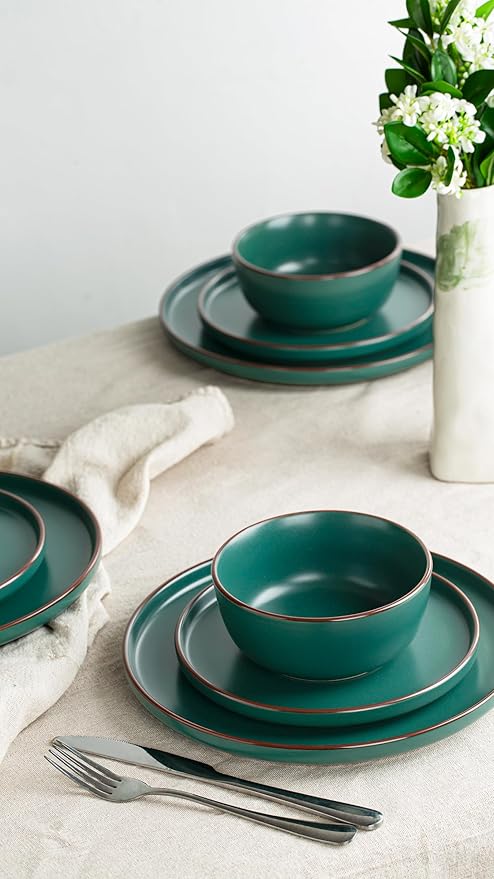 Famiware Mercury 24 Pieces Dinnerware Sets, Plates and Bowls Sets for 8, Microwave and Dishwasher Safe Dish Set, Dark Green