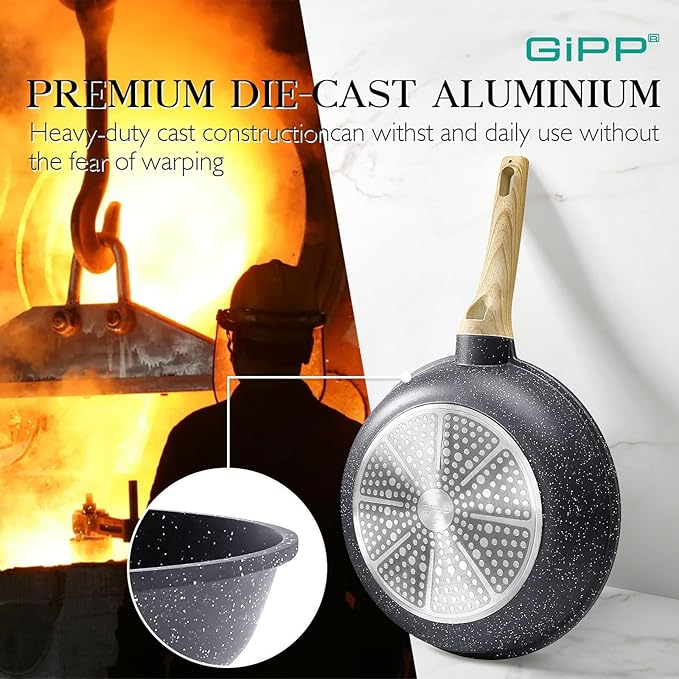 GiPP Pots and Pans Set Non Stick - 10 Pcs White Granite Kitchen Cookware Sets Nonstick Induction Cookware Cooking Pan Set with Frying Pans, Saucepans and Silicone Utensils, PFOS & PFOA Free, Gray