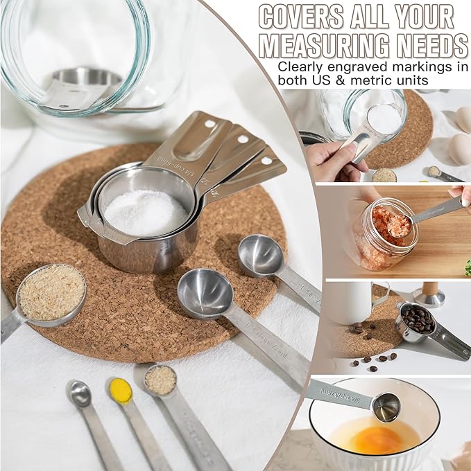 28PCS Mixing Bowls with Airtight Lids Set, Stainless Steel Nesting Prep Bowls with 7 Measuring Cups & 14 Measuring Spoons for Cooking, Baking, Serving, Food Storage, Size 5.5/3.5/2.5/2/1.4/1/0.62QT