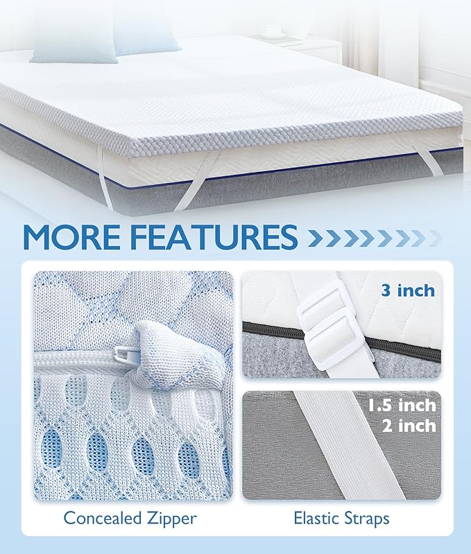 SINWEEK 1.5 Inch Twin Cooling Memory Foam Mattress Topper for Pressure Relief, Thick Bed Mattress Pad with Cooling Soft Cover and Adjustable Straps, CertiPUR-US Certified