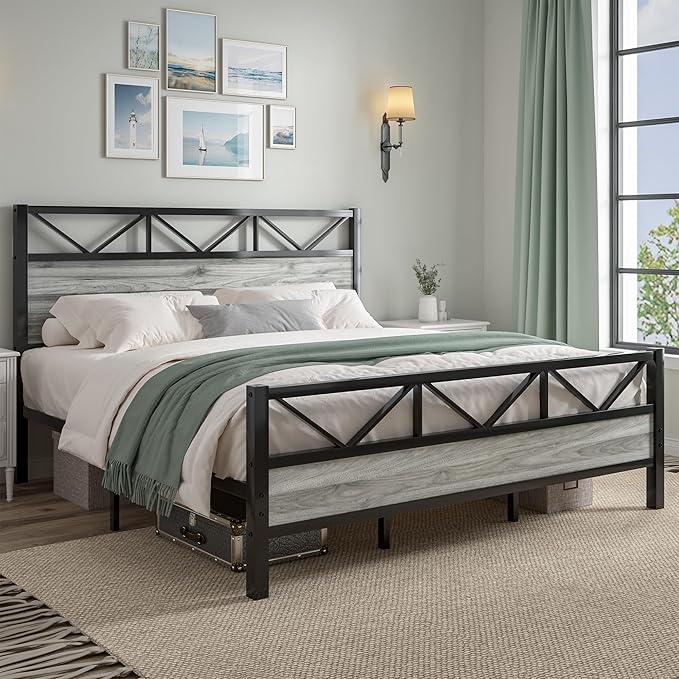 King Bed Frame and Headboard, Industrial 51.2" Tall Headboard, King Platform Bed Frame with Heavy Duty Metal Slats Support, No Box Spring Needed, Noise-Free, Easy Assembly, Wash Grey