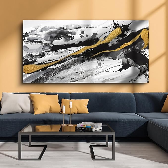 XLSJERST Black and White Abstract Wall Art - Canvas Wall Art for Living Room Bedroom Modern Gold Ink Painting Style Picture Artwork for Wall Decor Size 29x58 Inches