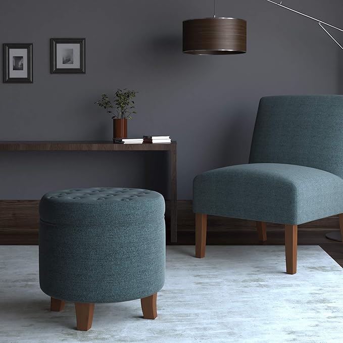 HomePop Home Decor | Upholstered Round Velvet Tufted Foot Rest Ottoman | Ottoman with Storage for Living Room & Bedroom | Decorative Home Furniture, Indigo Small