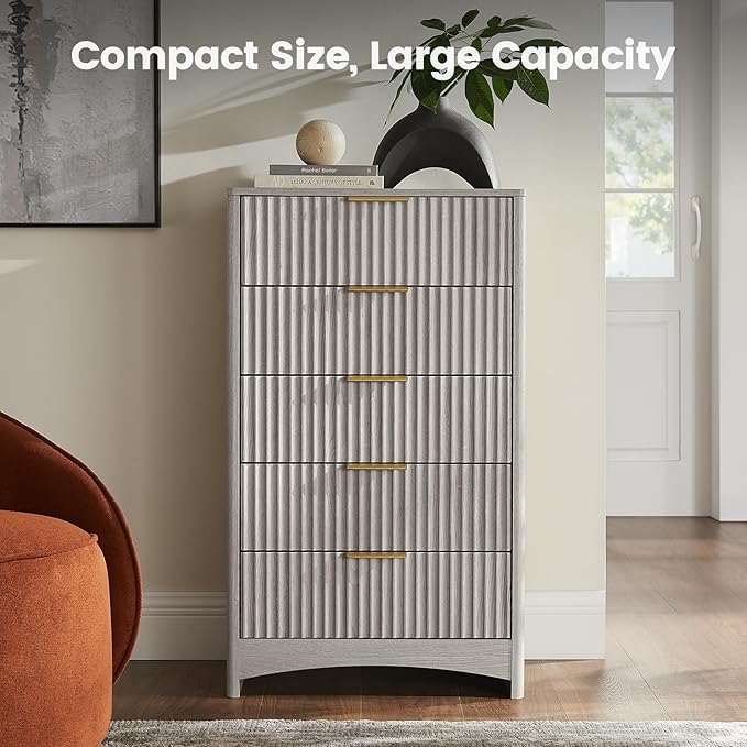 Amada Tall 5 Drawer Dresser, Modern Fluted Vertical Chest with Rounded Corners, Pre-Installed Drawer Slides & Narrow Storage Design for Bedroom or Hallway in Grey