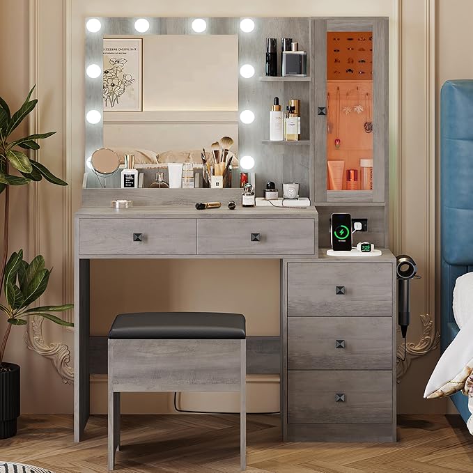 Vanity Desk with Mirror and Lights, Makeup Vanity Table Set with 5 Storage Drawers, Power Outlet & Chair, Small Dressing Table with RGB Ambient Light, Adjustable Brightness for Girls Bedroom, Grey