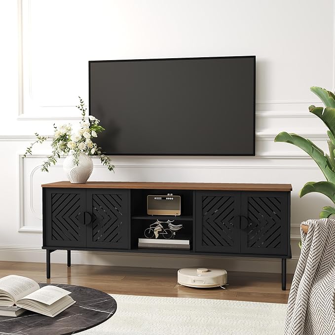 ARTPOWER 63" Modern TV Stands for Living Room, Long Entertainment Center with Storage, TV Console for 55 60 65 70 Inch TV, Bedroom TV Cabinet with Doors, Wood Media Console, Television Stand, Black