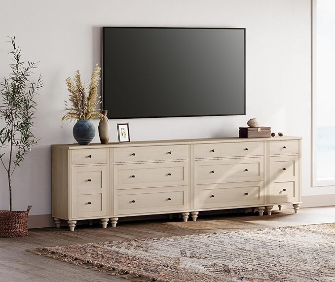 WAMPAT 100 inch TV Stand with 9 Drawers, TV Cabinet Entertainment Center for 75/80/85/90 Inch TV, Kids Dresser with 3 Drawers for Bedroom, Nightstands with Charging Station for Living Room, Light Oak