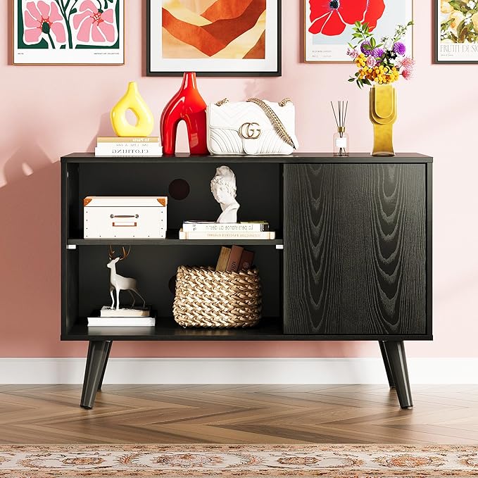 WLIVE TV Stand for 40 Inch TVs, Small Entertainment Center with Storage Cabinet, Mid-Century Modern TV Stands for Living Room and Bedroom, 32" TV Console, Black
