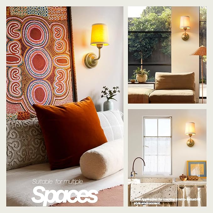 Vintage Fabric Wall Sconce with Funnel Linen Cloth Shade, E26 Hardwired Indoor 1-Light Wall Mounted Lamp Fixture for Living Room Bedroom Dining Room Hallway
