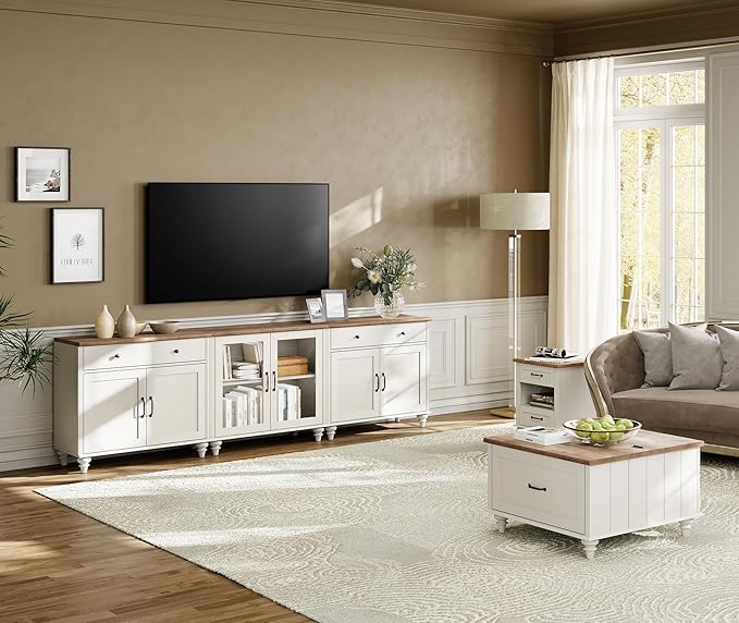 WAMPAT Farmhouse TV Stand for 100 Inch TV, 3-in-1 TV Console Table for 75/80/85/90 Inch TV, Entertainment Center with Glass & Wood Door, Kitchen Sideboard Buffet Cabinet for Dining Room, White