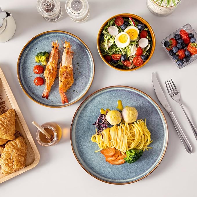 vancasso ONION Ceramic Plates and Bowls Sets, 24 Pieces Blue Dinnerware Sets for Kitchen, Reactive Glaze Dishes Set for 8, Dishwasher and Microwave Safe