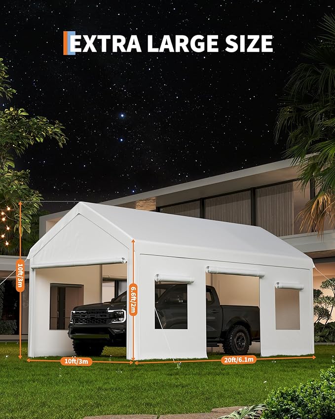 10 x 20FT Heavy Duty Carport with Roll-Up Windows, Portable Garage with Removable Sidewalls & Doors, Portable Car Tent Garage with Roll-Up Windows and All-Season Tarp, for Car, Truck,