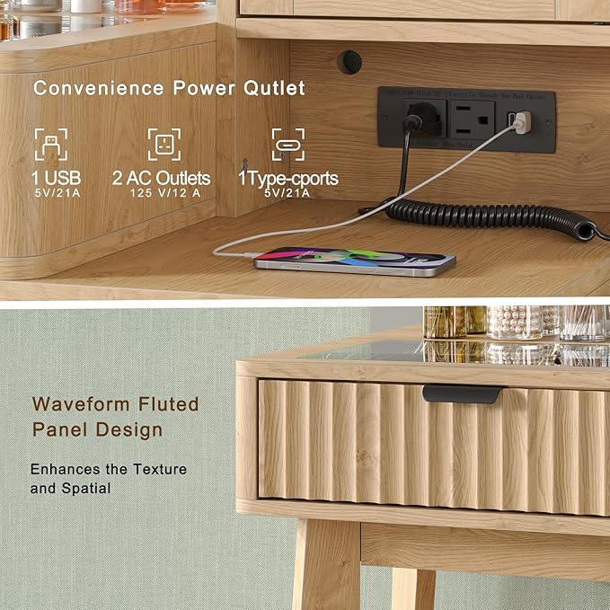 Vanity Desk with Mirror and Lights, 11 LED Lights Fluted Makeup Vanity Desk, 48" Big Modern Vanity Desk with 5 Drawers and Storage Shelves & Power Outlet, Glass Top for Bedroom, Oak