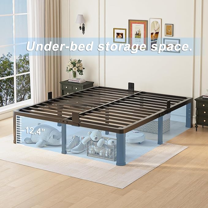 14 inch King Size Bed Frame with Round Corner Legs and Headboard Hole Mattress Slide Stopper 3500 lbs Heavy Duty Metal Platform,Steel Slat Support,No Box Spring Needed,Easy Assembly,Noise Free