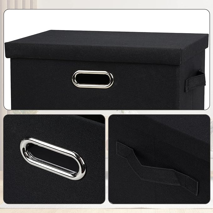 Medium 15" 21 Quart Collapsible Stackable Storage Bins with Lids, 3 Packs Black Foldable Fabric Closet Boxes Heavy-duty Lidded Linen Cube Basket Container Organizer and Storage for Bedroom