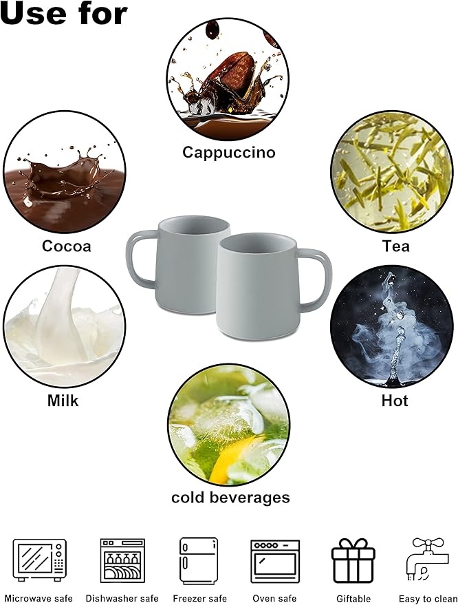 T-WARE 16 Oz Coffee Mugs, Matte Light Grey Mug Set of 2, Ceramic Mugs Coffee, Solid Color Coffee Cups Ceramic