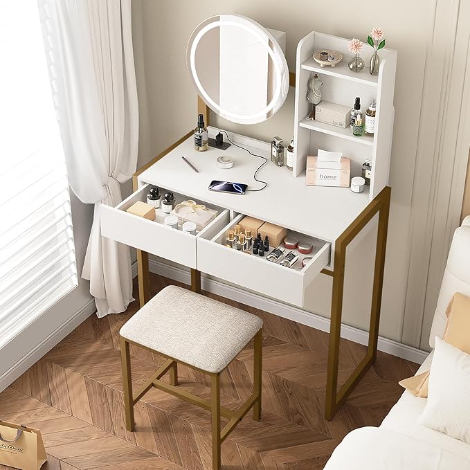 Small Vanity Desk with Mirror and Lights, Makeup Vanity Table with LED Mirror, 3 Lighting Modes, Power Outlet, Drawer, Open Shelves and Cushioned Stool for Bedroom (Gold)