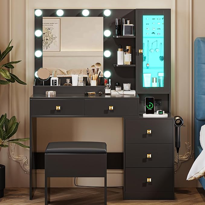 Vanity Desk with Mirror and Lights, Makeup Vanity Table Set with 5 Storage Drawers, Power Outlet & Chair, Small Dressing Table with RGB Ambient Light, Adjustable Brightness for Girls Bedroom, Black