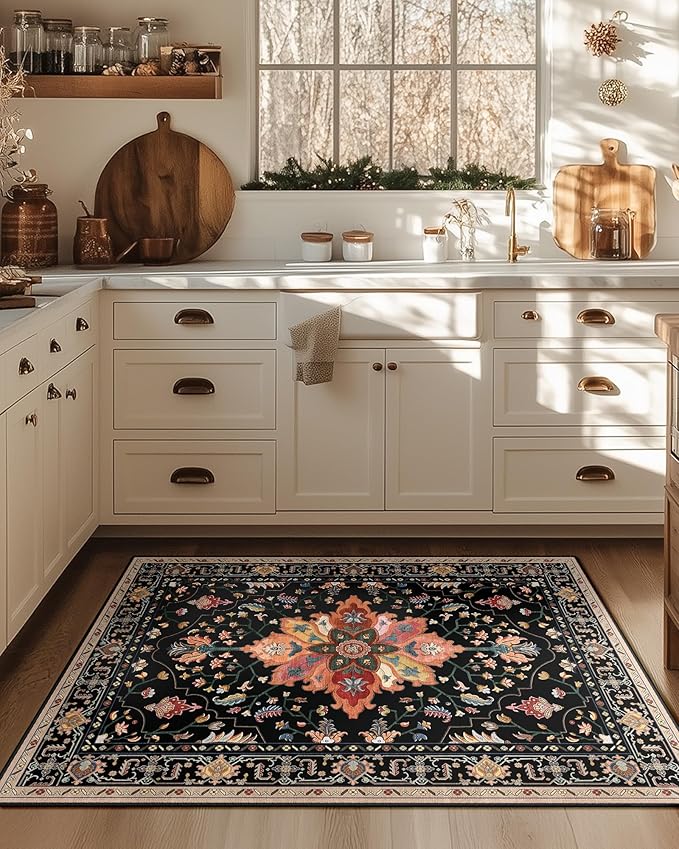 Area Rugs 2'x3' Washable Non-Slip, Floral Vintage Distress Print Pattern Medallion Carpet for Living Room Bedroom Dining Room, Black Colorful Floral Dark Tan