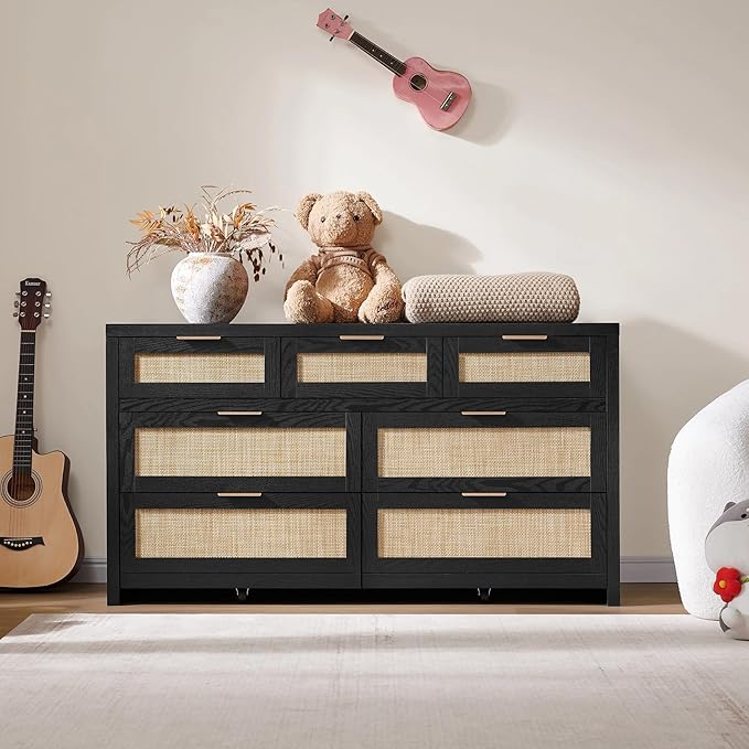 SICOTAS 7 Drawer Dresser for Bedroom, 57" Wide Rattan Dressers, Large Chest of Drawers for Bedroom, Dresser TV Stand, Boho Closet Organizer (Black Oak, 7 Drawers (1 pc))