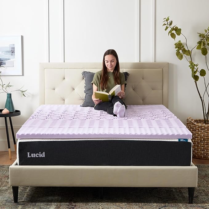 Lucid Lavender Infused 2 Inch Memory Foam Mattress Topper - Twin XL Size - Plush Feel - 5 Convoluted Zones - CertiPUR Certified - New Home Owner & Dorm Room Essentials