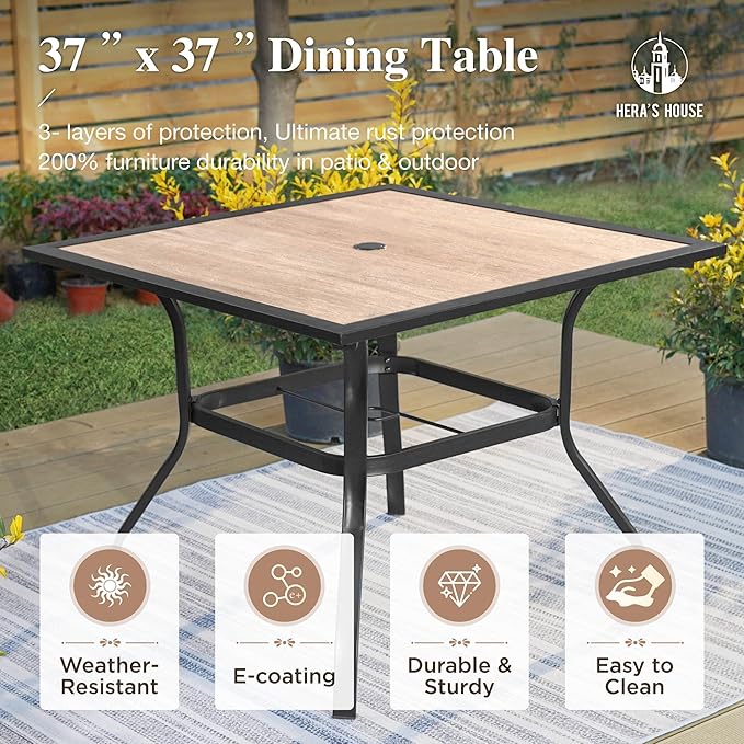 HERA'S HOUSE 5 Pieces Patio Dining Set, Outdoor Dining Set with 4 Wicker Patio Chair with Removed Cushion, 37" Wood Like Dining Table with 1.57" Umbrella Hole, for Lawn Garden Backyard Deck