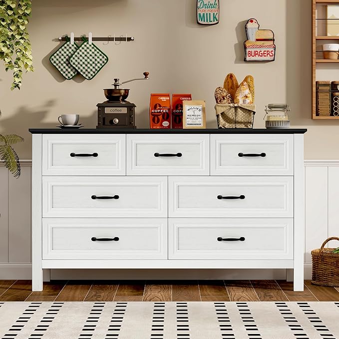 Farmhouse 7-Drawer Dresser for Bedroom, 52" Wide Wood Chest of Drawers with Large Metal Handles, White Dressers Storage Organizer for Bedroom, Living Room & Hallway