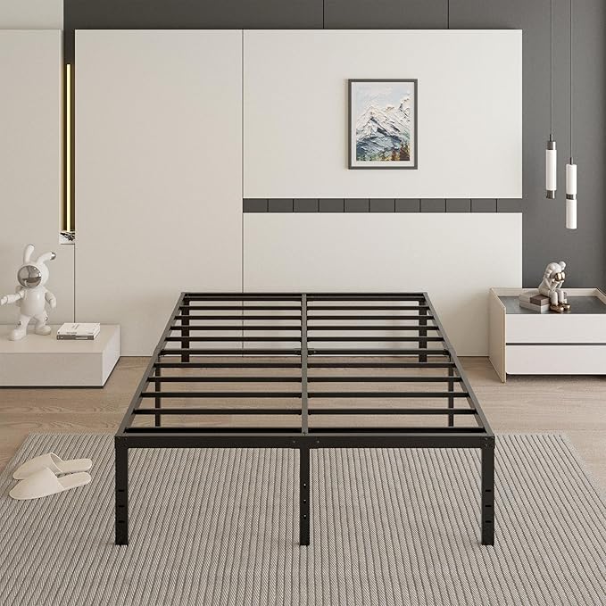 18 Inch Queen Bed Frame with Black Bed Cover, Metal Bed Frames Queen Size No Box Spring Needed, Heavy Duty Mattress Foundation, Easy Assembly, Noise Free