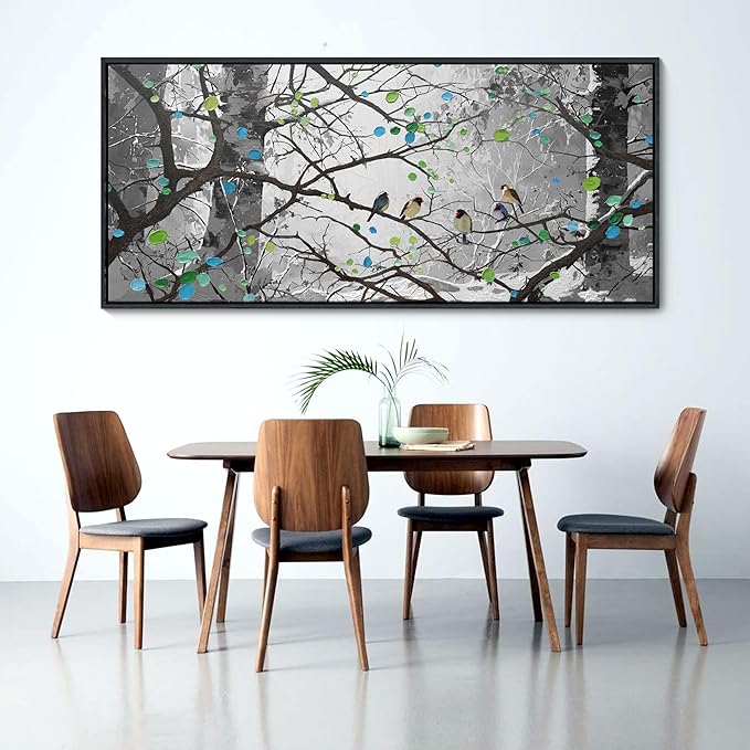 YCPRIMER Grey Wall Art Bird on Branch Misty Forest Canvas Artwork Modern Framed Canvas Painting Decorative Wall Art Home Decor Can Be Hung Directly Dining Room Living Room Bedroom Office Size 70x31 Inches