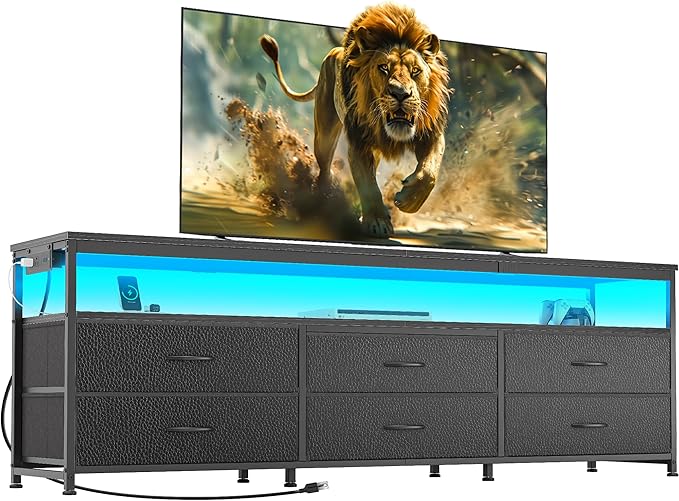 Huuger 63 Inch TV Stand for 55, 65, 70 Inch TV, Long Dresser TV Stand for Bedroom, Black LED TV Stand with Power Outlets, Fabric Drawer Dresser with Storage, Entertainment Center for Living Room