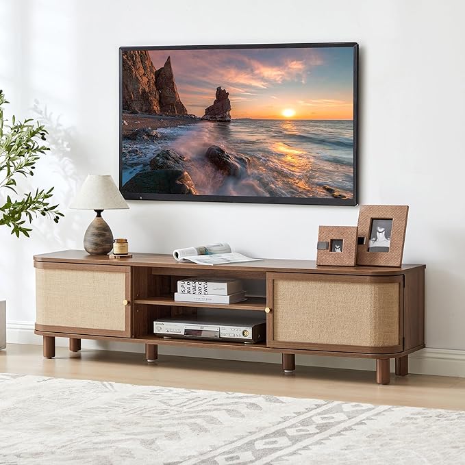 AVZEAR Curved Profile Farmhouse TV Stand for TVs Up to 70 Inches, Mid Century Modern Entertainment Center with Storage & Natural Linen Doors, Large Media Console for Living Room, Bedroom, Walnut