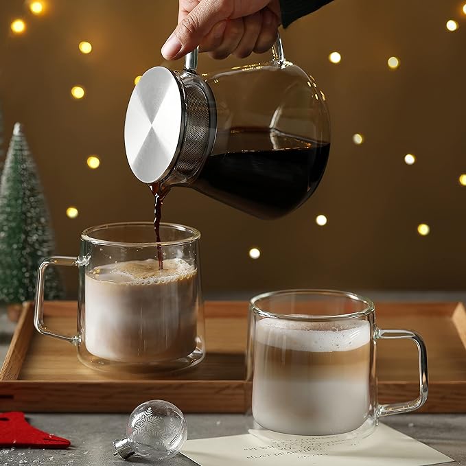 CNGLASS 12oz Glass Coffee Mugs,Double Wall Insulated Glass Cups with Handle,Clear Espresso Mugs for Latte,Cappuccino,Tea Bag,Set of 2