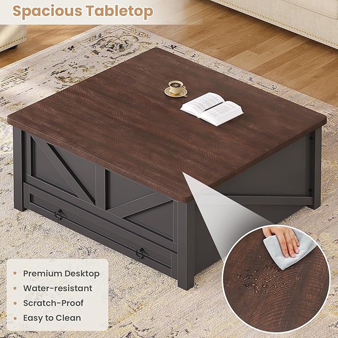 Itaar Wooden Coffee Table, Lift Top Coffee Table with Storage, Square Coffee Tables with Drawers and Hidden Compartment, Center Table for Living Room, Home Office, Black