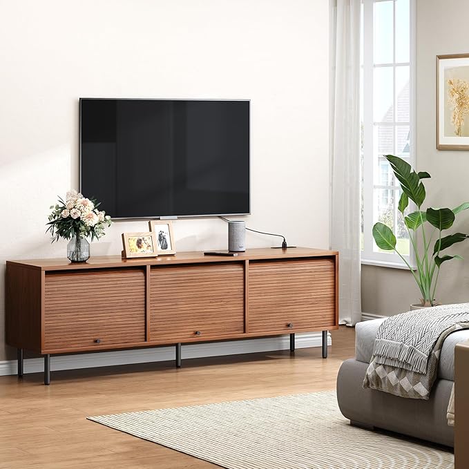 68 Inch TV Stand for TVs up to 75 Inch, Entertainment Center with Power Outlet, Mid-Century Modern TV Console with Storage, Adjustable Shelf & Sliding Doors, TV Stand for Living Room, Walnut