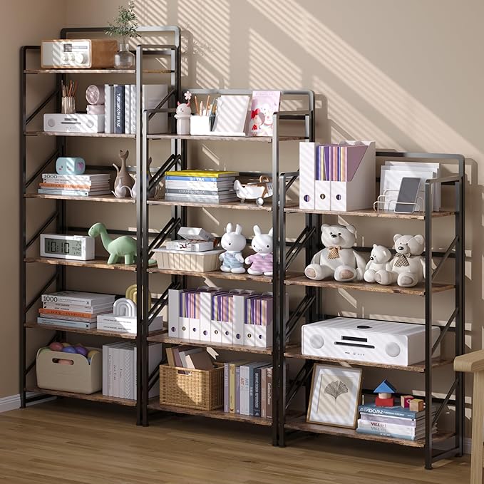 JSB No Assembly Folding Bookshelf, 6 Tier Industrial Metal Book Shelf for Storage, Vintage Wood Foldable Bookcase for Living Room, Bedroom, Office Organization Shelves