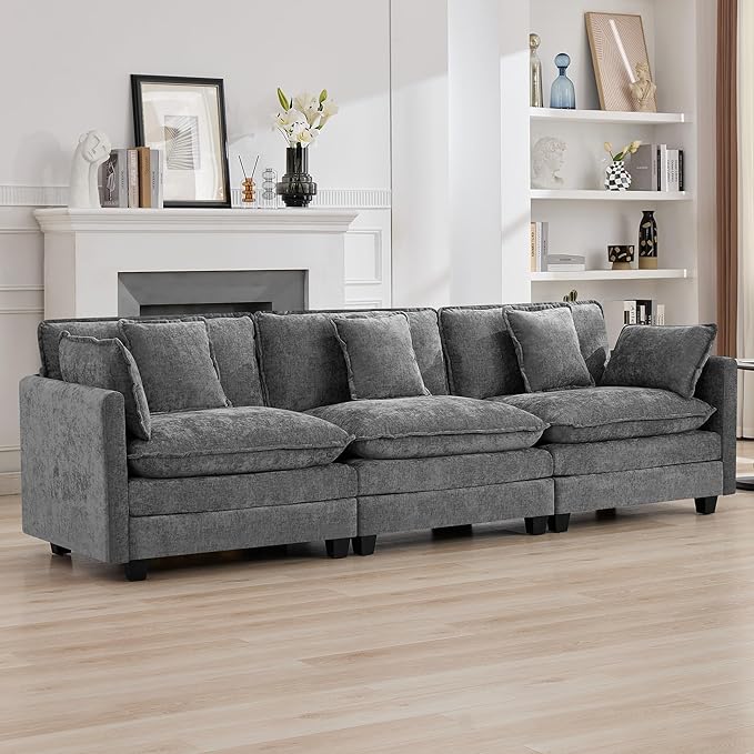 111'' Sectional Cloud Deep Seat Couch, Modern Comfy Chenille Modular Sectional Sofa for Living Room Set, Upholstered Modular 3-Seats Sofa Couch, Grey