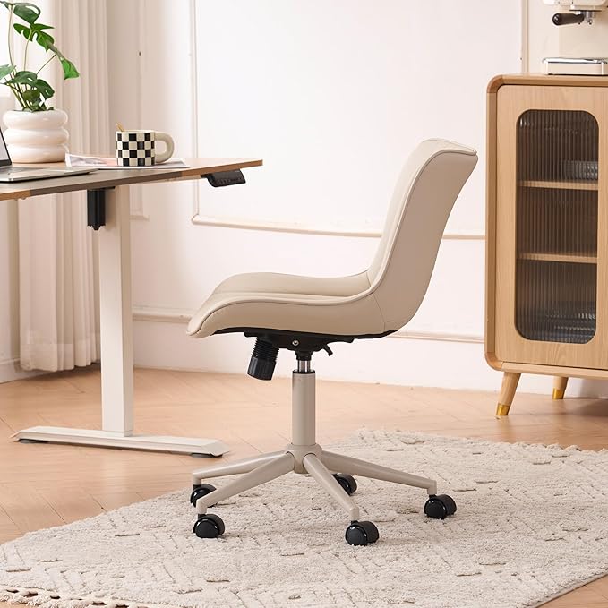 YOUTASTE All Cream Office Chair, Modern Armless Desk Chair with Back, Adjustable Swivel Rolling Faux Leather Task Chair with Wheels Metal Base for Home Office, Study, or Vanity