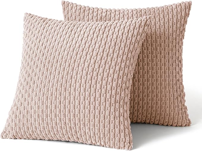 MIULEE Throw Pillow Covers Soft Corduroy Decorative Set of 2 Boho Striped Pillow Covers Pillowcases Farmhouse Home Decor for Couch Bed Sofa Living Room Spring 18x18 Inch Pink