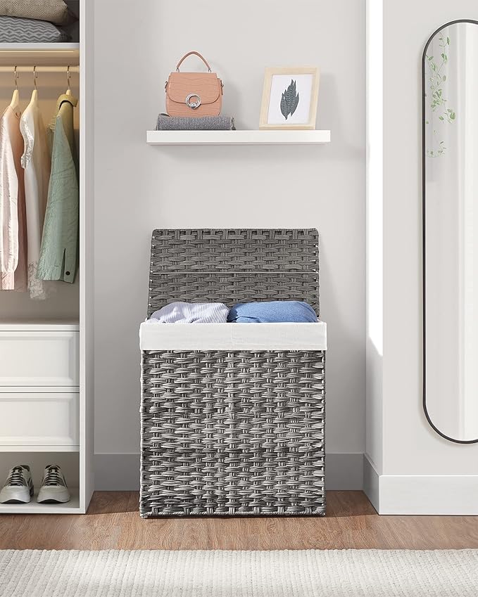 SONGMICS Laundry Hamper with Lid, 110L Clothes Hamper with 2 Removable Liner Bags, 6 Mesh Bags, Wicker Laundry Basket, Double Laundry Hamper for Bathroom, 13 x 22.4 x 23.6 Inches, Gray ULCB52WG
