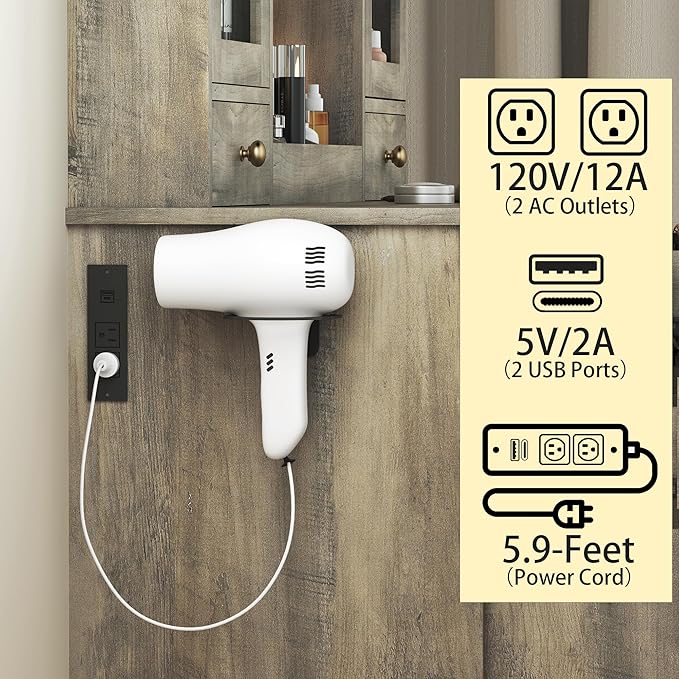 Vanity Desk with Mirror and Lights, Grey Vanity Mirror with Lights Desk and Chair & Charging Station, Farmhouse Makeup Vanity Desk with Lighted Mirror for Women Bedroom 3 Color Modes Adjustable