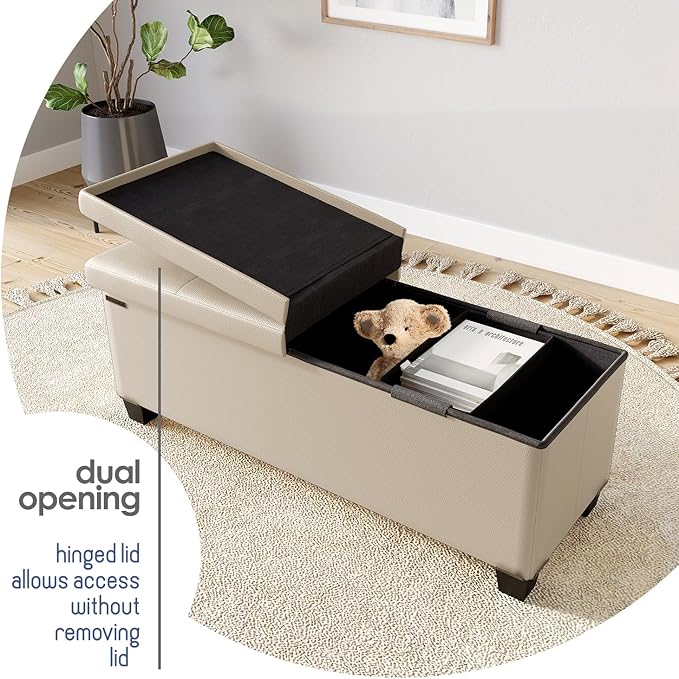 STORAGEBUD Storage Ottoman Bench with Bins, 43-in Storage Bench for Bedroom End of Bed, Folding Foot Rest Ottoman for Living Room Max 660lbs, Faux Leather Ottomans, Beige