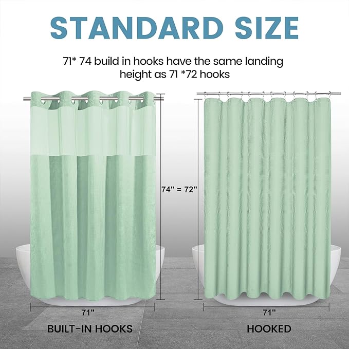 Mint Green No Hook Shower Curtain with Snap in Liner,230GSM Waffle Weave Shower Curtains for Bathroom,71W x 74H