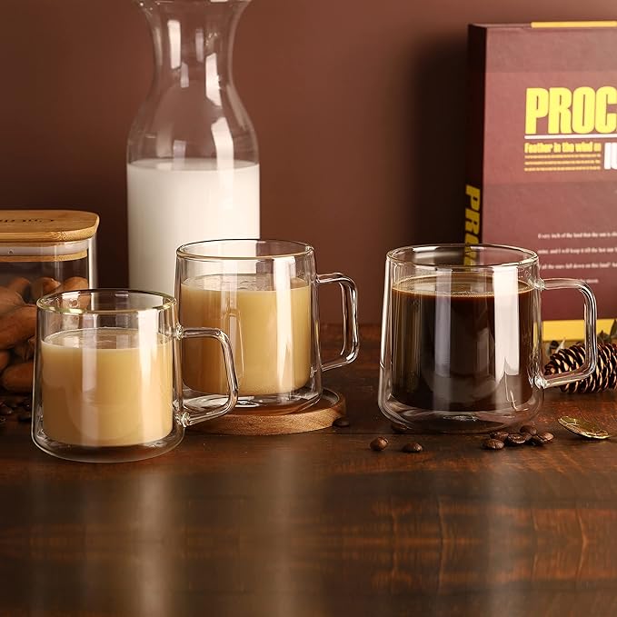 CNGLASS 12oz Glass Coffee Mugs,Double Wall Insulated Glass Cups with Handle,Clear Espresso Mugs for Latte,Cappuccino,Tea Bag,Set of 4